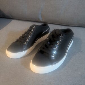 Wishbone Black Leather Sneaker Mules Slip On Backless Shoes White Sole Size 9